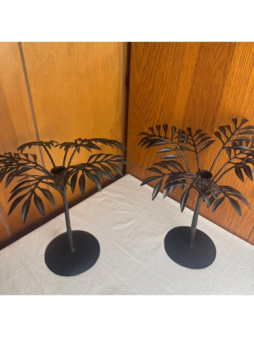 Vintage Black Metal Palm Tree Candle Holders Pair Tropical Coastal Decor